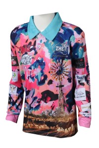 P1237   美國  PURE    Customized men's wear sublimation to make long-sleeve sublimation Polo shirt whole printing sublimation manufacturer color contrast collar sky blue